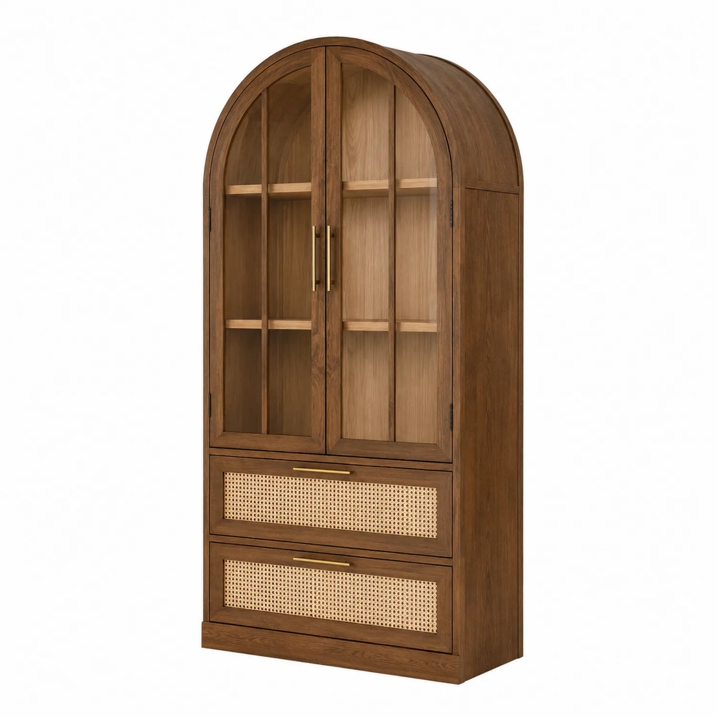 Holz Glasvitrine mit Glastüren und zwei Schubladen in Braun