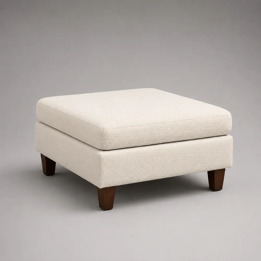 Poggiapiedi ottomano imbottito quadrato in bouclé di poliestere crema, 80 × 80 × 45 cm
