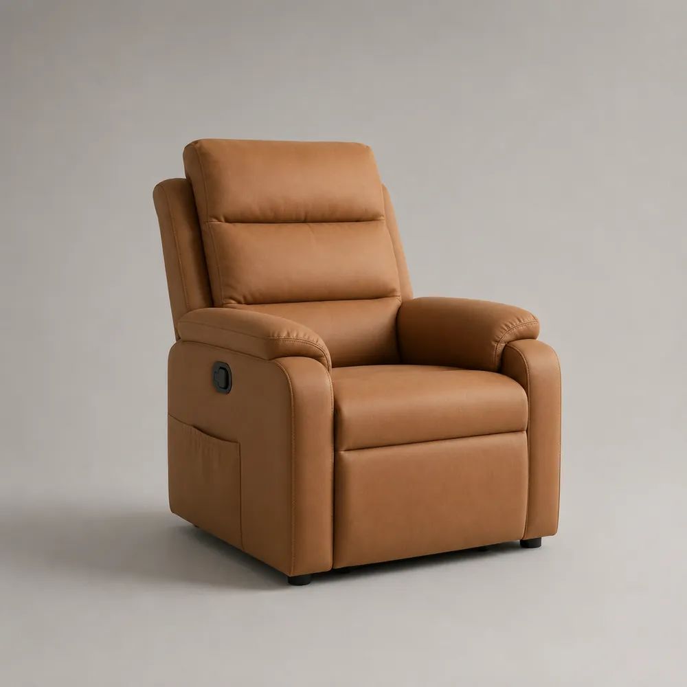 Poltrona reclinabile manuale in pelle sintetica PU marrone cognac con poggiapiedi, 90 x 96 x 105 cm