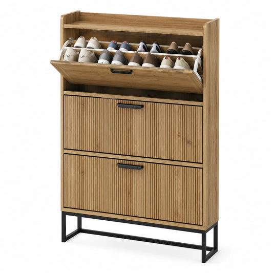 Schuhregal aus Holz und Metall Eiche Schwarz 60x24x105 cm