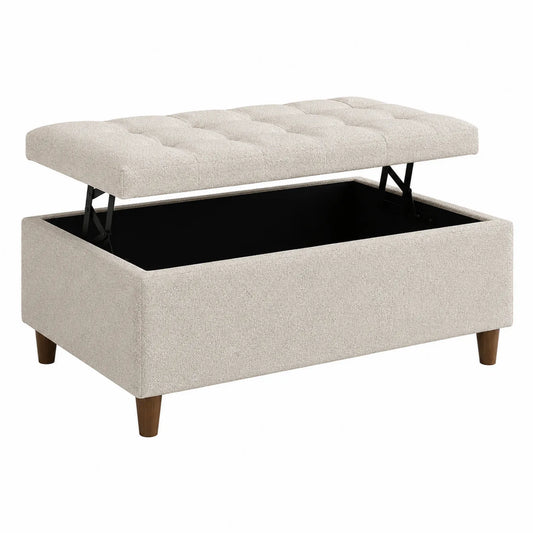 Beige Aufbewahrungsbank aus Leinenstoff mit Holzbeinen