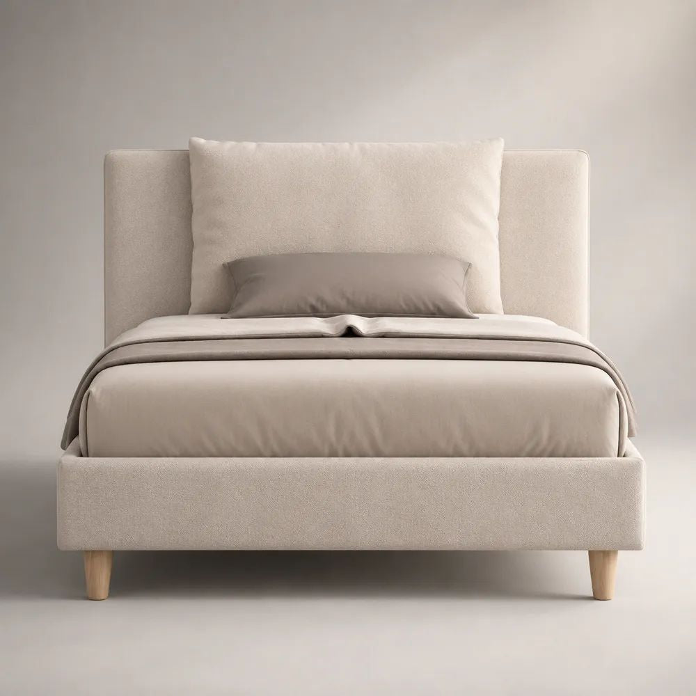 Letto singolo imbottito 105 x 215 x 110 cm per materasso 90 x 200 cm, rivestimento in bouclé beige crema e gambe in legno