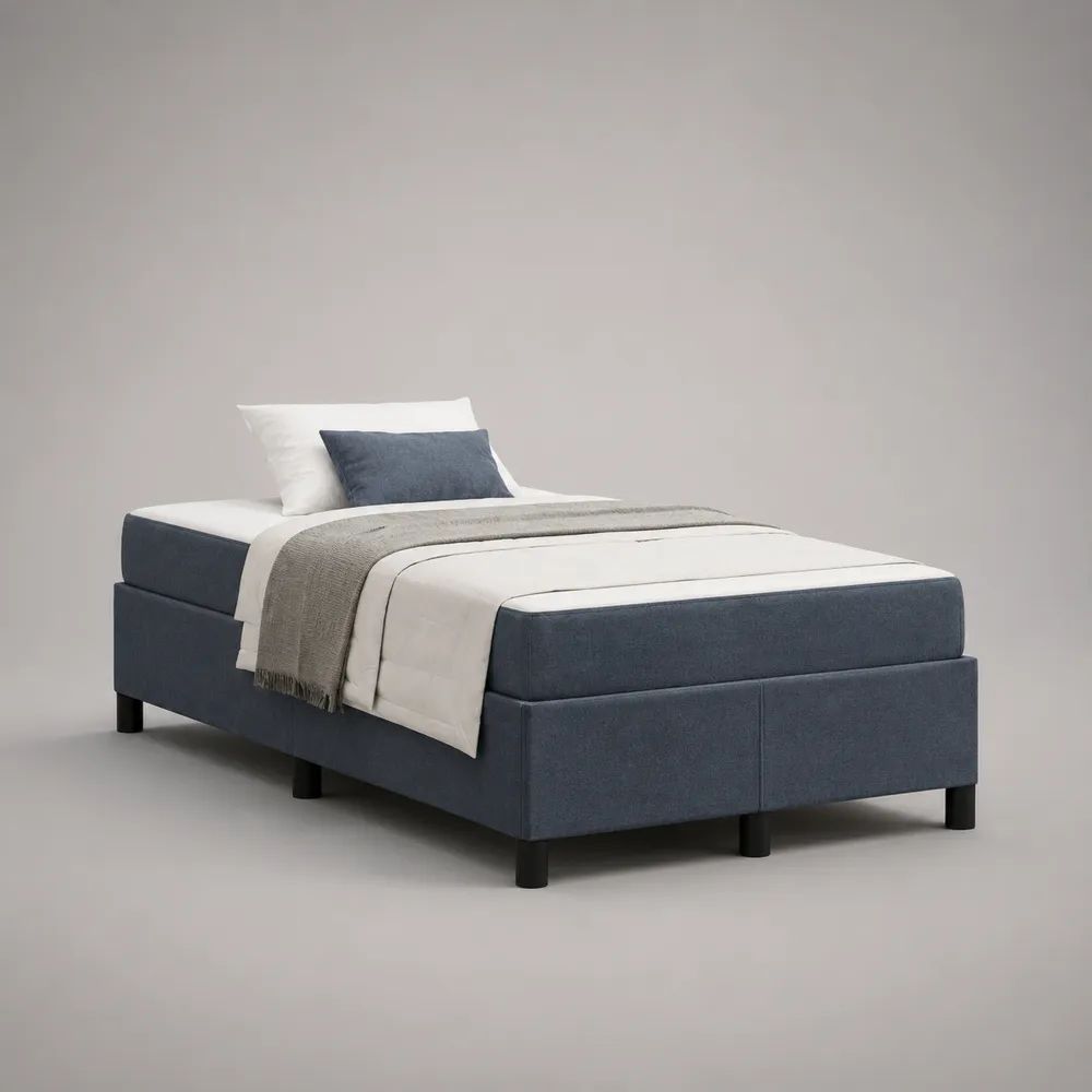 Letto matrimoniale continentale in tessuto blu scuro e bianco 160 x 200 cm, set da 3 pezzi con materasso, senza testiera
