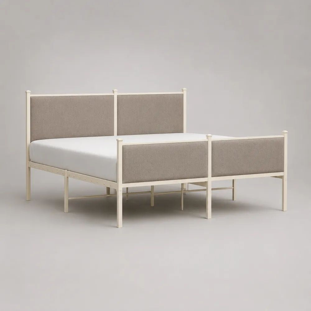 Letto matrimoniale 160 x 200 cm in acciaio bianco con testiera e pediera imbottite beige