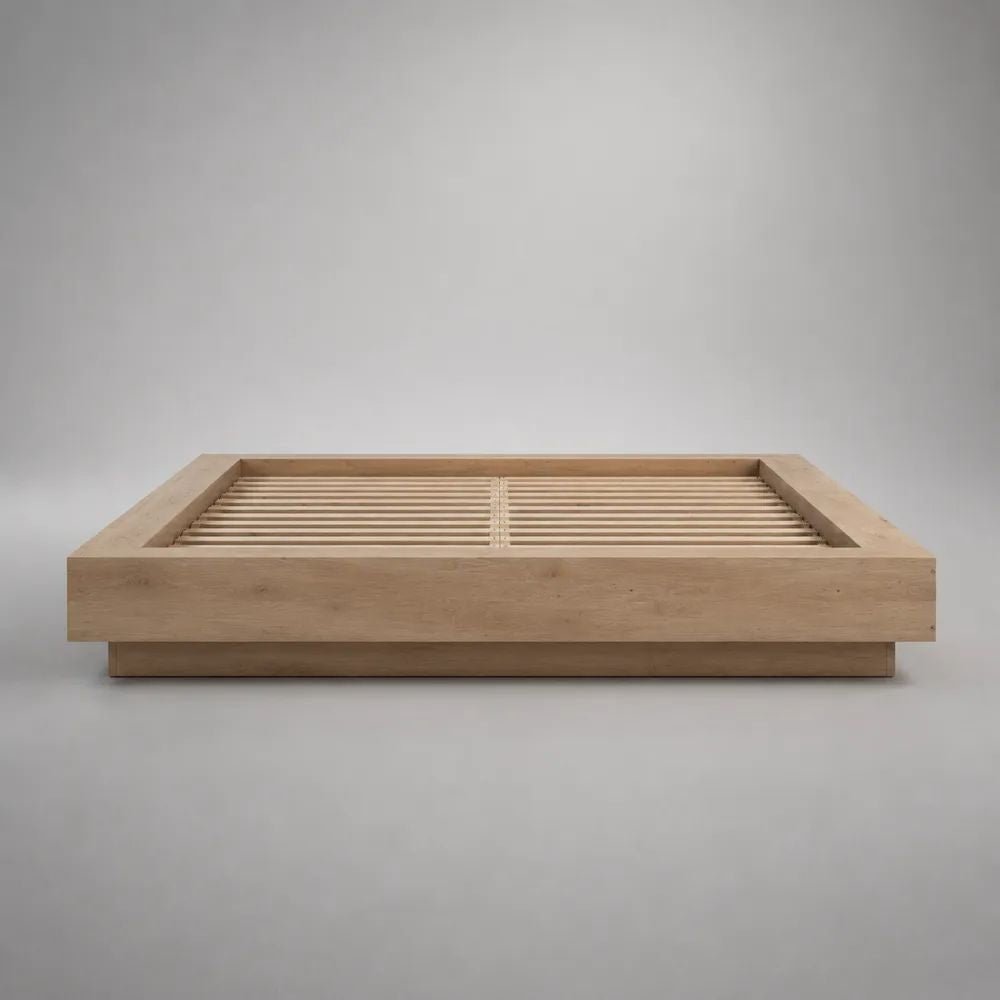 Letto matrimoniale a piattaforma in rovere massello marrone chiaro con rete a doghe, per materasso 160 x 200 cm, dimensioni 196 x 236 x 32 cm