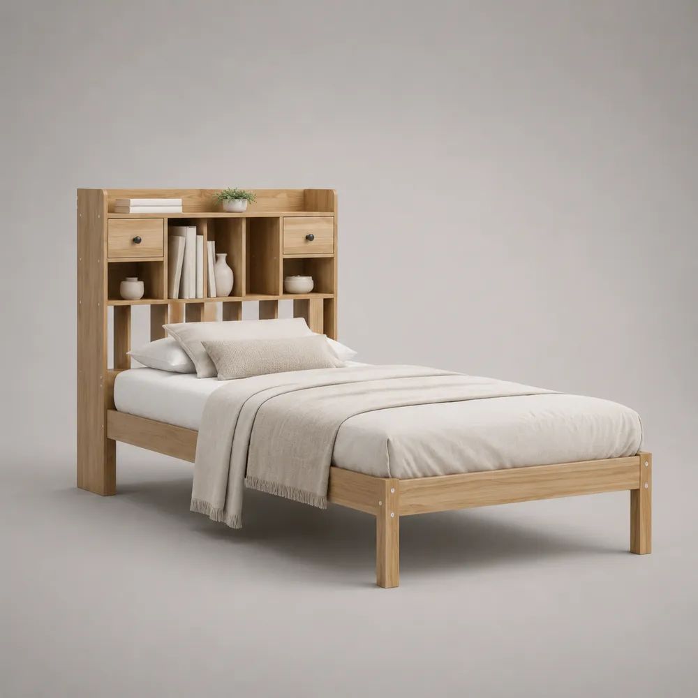 Letto singolo in legno 90 x 200 cm con testiera contenitore, 2 cassetti e rete a doghe, marrone naturale e nero