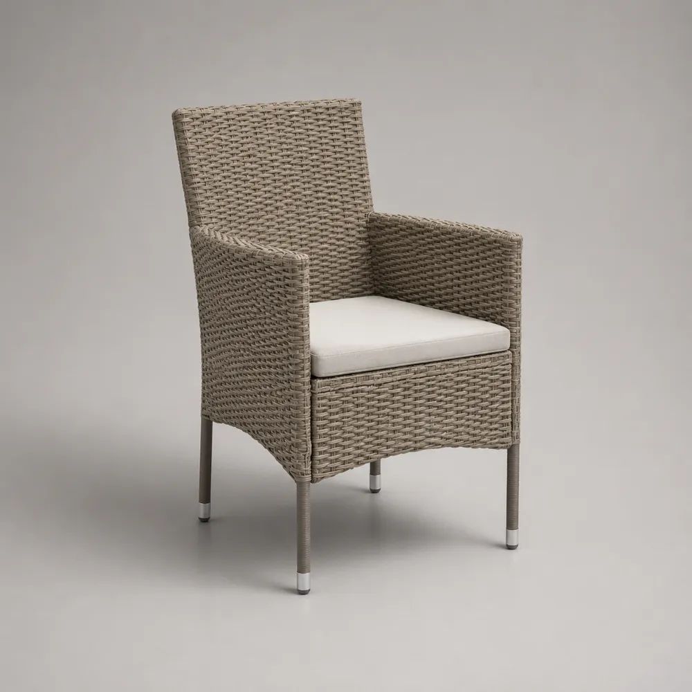 Sedia da giardino con braccioli in polyrattan PE tortora e cuscino crema, 58 x 60 x 88 cm