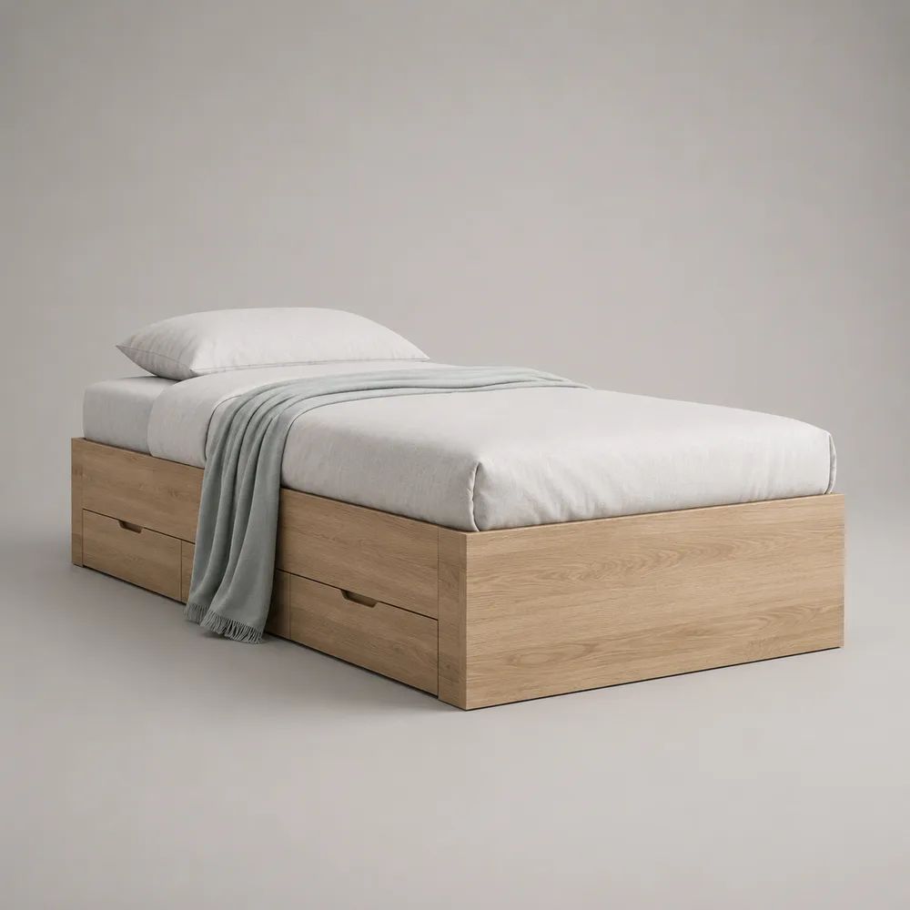 Letto singolo contenitore in legno effetto rovere naturale con 2 cassetti, per materasso 90 x 200 cm, dimensioni 205 x 96 x 45 cm