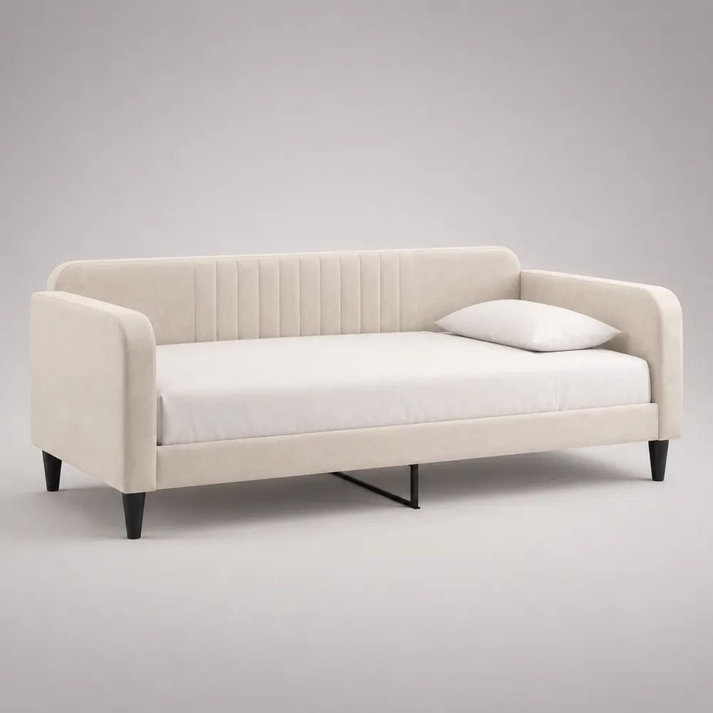 Letto singolo imbottito 90 x 190 cm in velluto beige e nero con schienale e braccioli, 211 x 101 x 86 cm