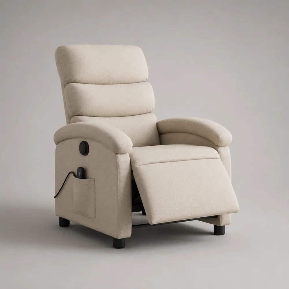 Poltrona reclinabile elettrica a 1 posto in tessuto bouclé beige con schienale alto e poggiapiedi, 86 × 94 × 107 cm