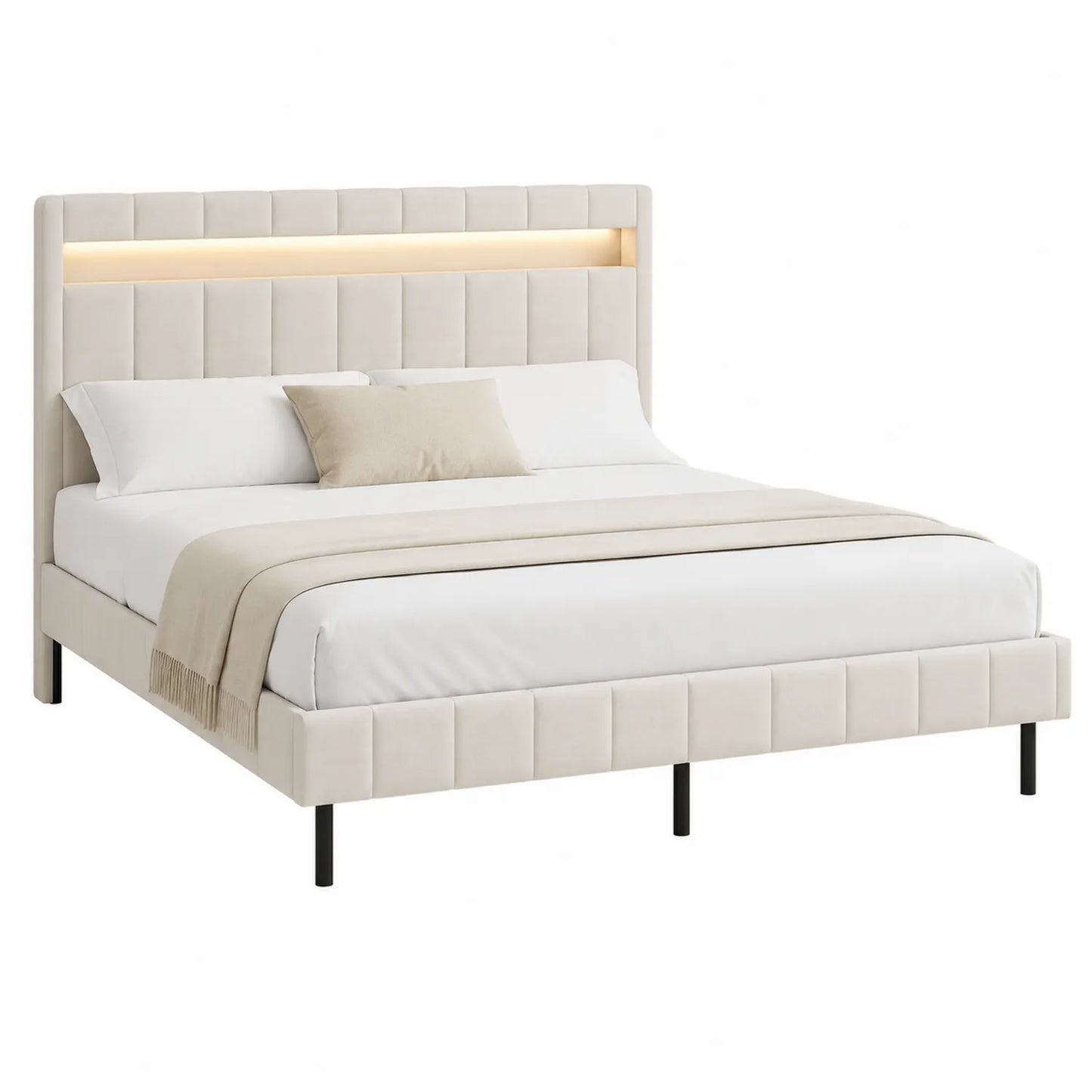 Polsterbett Stahl Samt Beige mit LED 200x180 cm