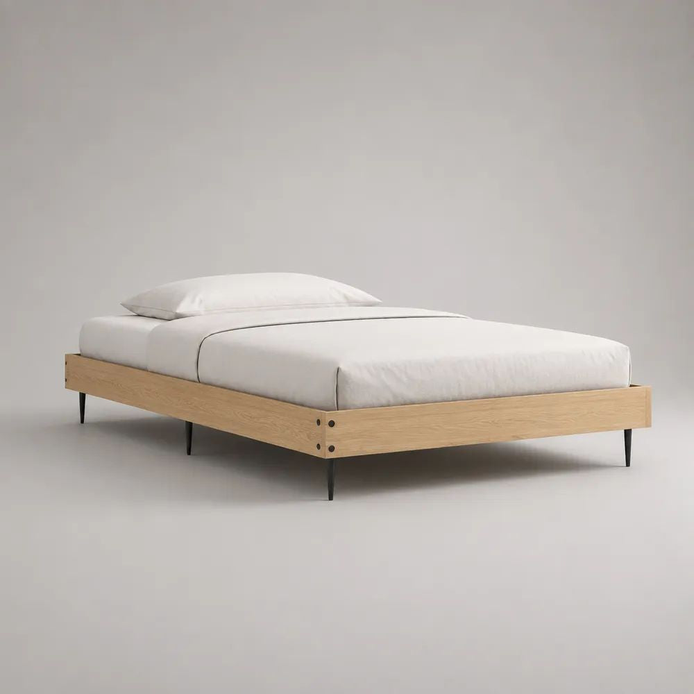 Letto matrimoniale 160 x 200 cm senza testiera, struttura in legno effetto rovere naturale e gambe in acciaio nero, dimensioni 206 x 166 x 35 cm
