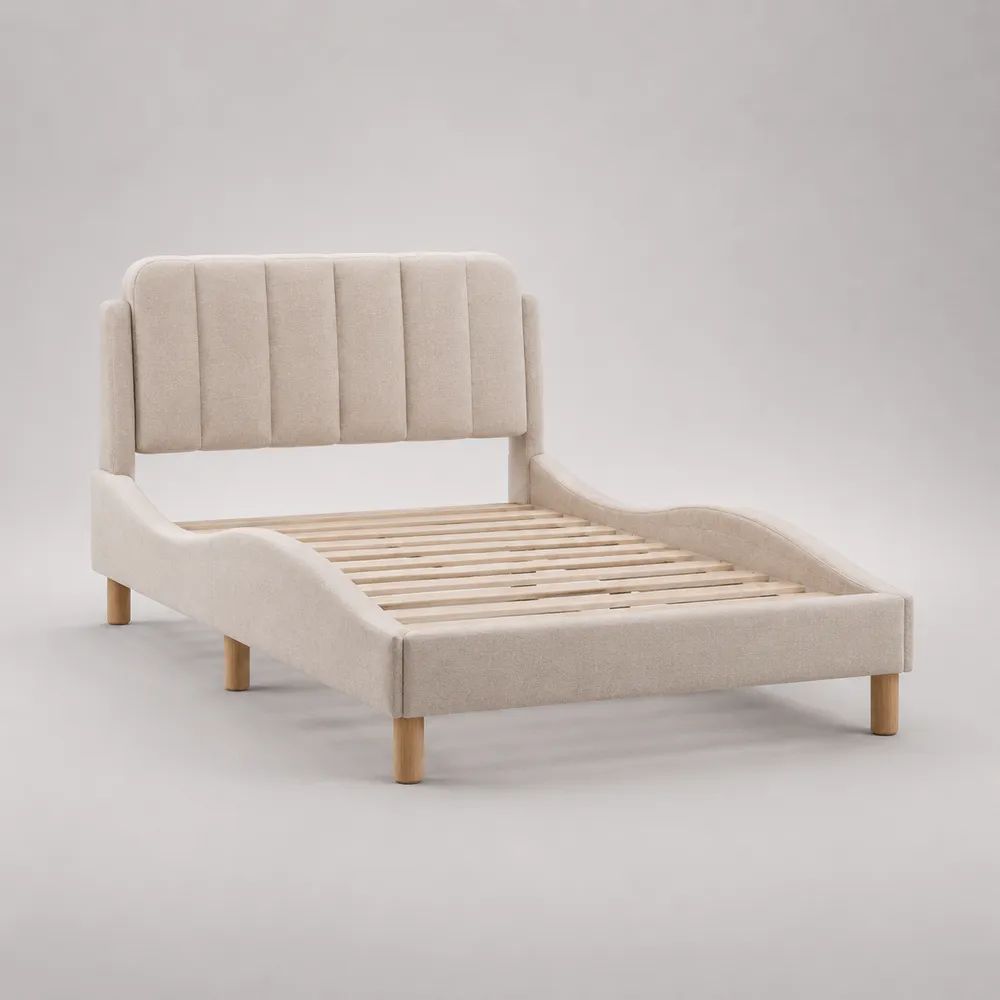 Letto una piazza e mezza imbottito in tessuto bouclé beige con rete a doghe, 140 × 200 cm