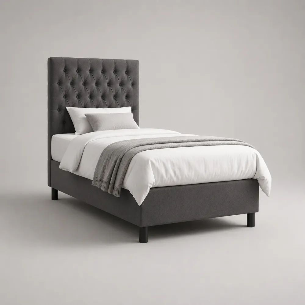 Letto singolo imbottito 90 x 200 cm in velluto di poliestere grigio con testiera capitonné e rete a doghe