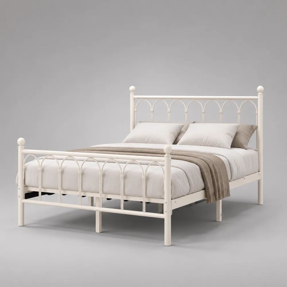 Letto matrimoniale in acciaio bianco per materasso 140 x 200 cm, dimensioni 209 x 147 x 110 cm, con testiera e pediera