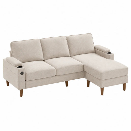 3-Sitzer Sofa mit Ottomane Hellbeige Stoff Holzbeine