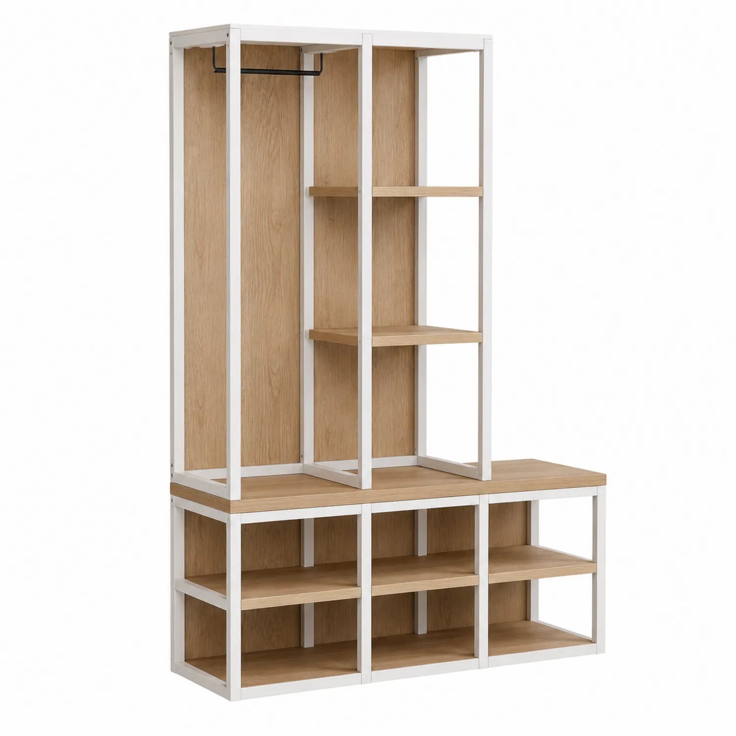 Garderobenständer Regal Metall Holz Weiß/Eiche 180x120x35 cm