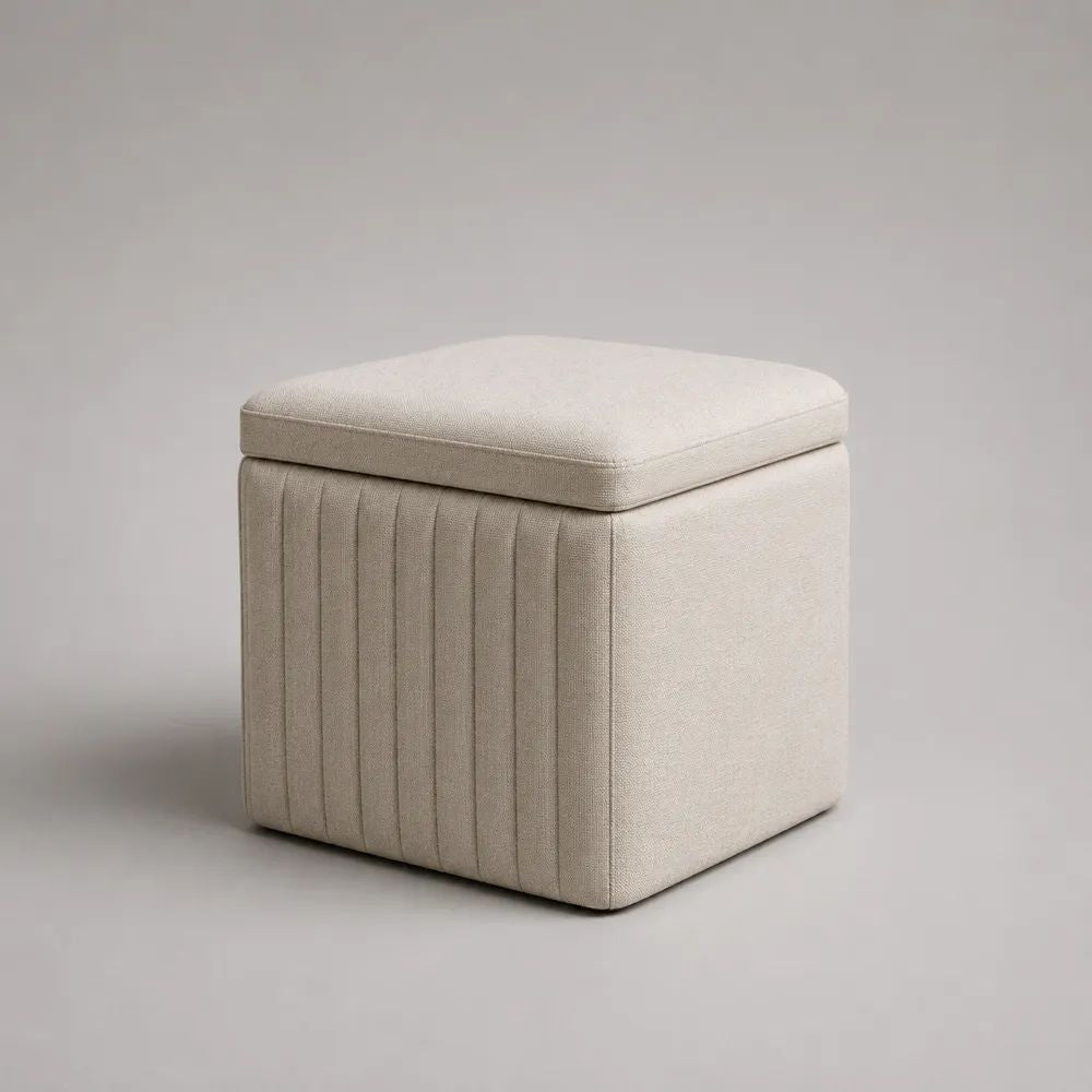 Pouf contenitore quadrato imbottito in tessuto beige chiaro, 40 × 40 × 45 cm