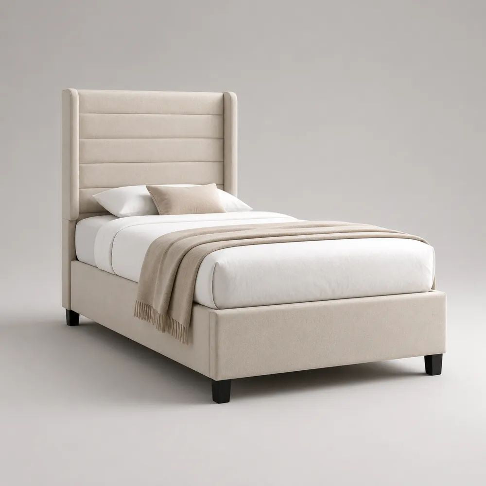 Letto singolo imbottito beige 90 x 200 cm, dimensioni 215 x 105 x 150 cm, con testiera alta in tessuto