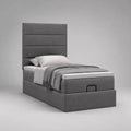 Letto singolo contenitore imbottito grigio con rete sollevabile, per materasso 90 × 200 cm, dimensioni 100 × 215 × 130 cm