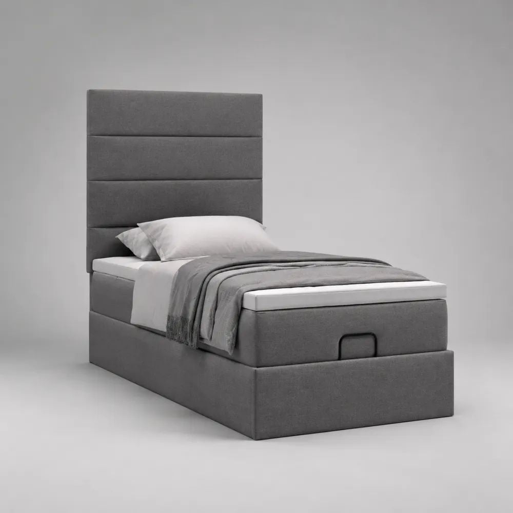 Letto singolo contenitore imbottito grigio con rete sollevabile, per materasso 90 × 200 cm, dimensioni 100 × 215 × 130 cm