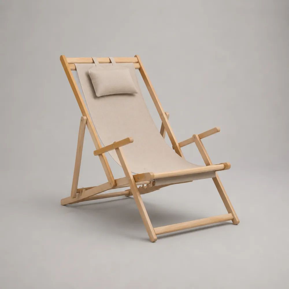 Sedia sdraio da esterno pieghevole e regolabile in legno massello con tela e cuscino beige, 96 x 60 x 89 cm