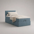 Letto singolo contenitore imbottito in velluto di poliestere azzurro con testiera e rete a doghe, 102 x 210 x 110 cm, materasso 90 x 200 cm