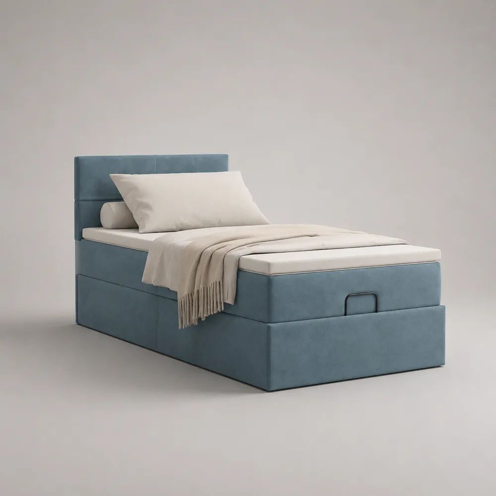 Letto singolo contenitore imbottito in velluto di poliestere azzurro con testiera e rete a doghe, 102 x 210 x 110 cm, materasso 90 x 200 cm