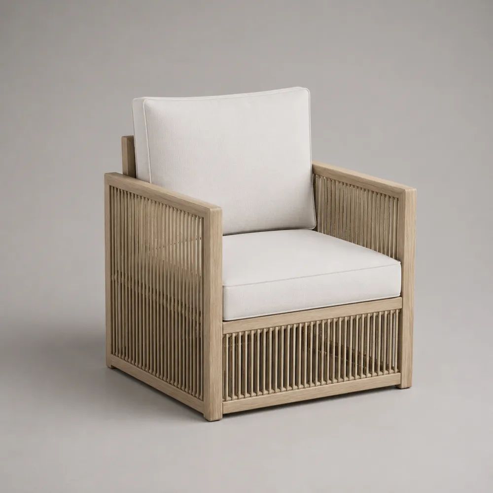 Poltrona da esterno in legno massello e corda con cuscini bianco crema, 76 x 80 x 83 cm