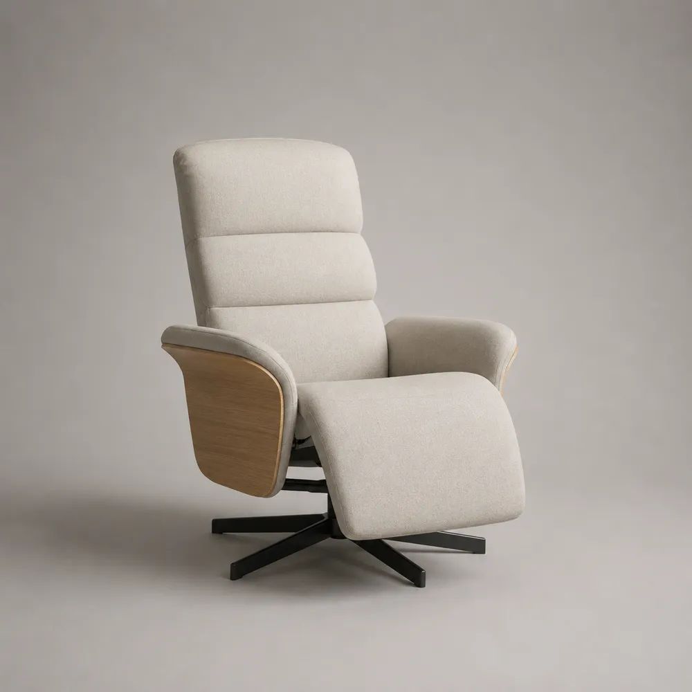 Poltrona reclinabile girevole in tessuto bouclé beige con poggiapiedi, base in acciaio e pannelli in legno, 76 x 84 x 110 cm
