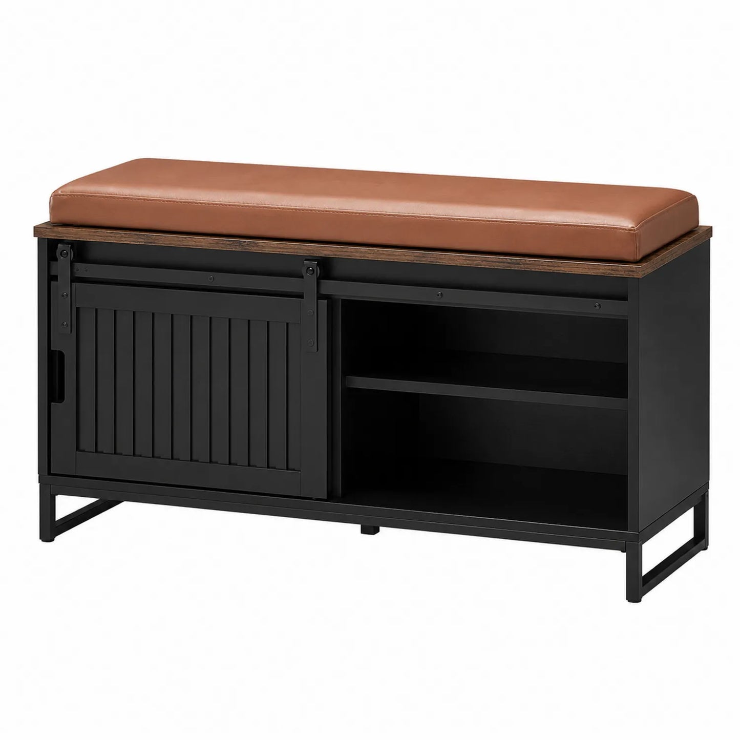 Sitzbank mit Stauraum aus Kunstleder, Metall und Holz in Schwarz und Braun