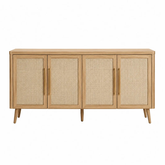 Sideboard Holz und Rattan Natur 4 Türen 200x45x80 cm